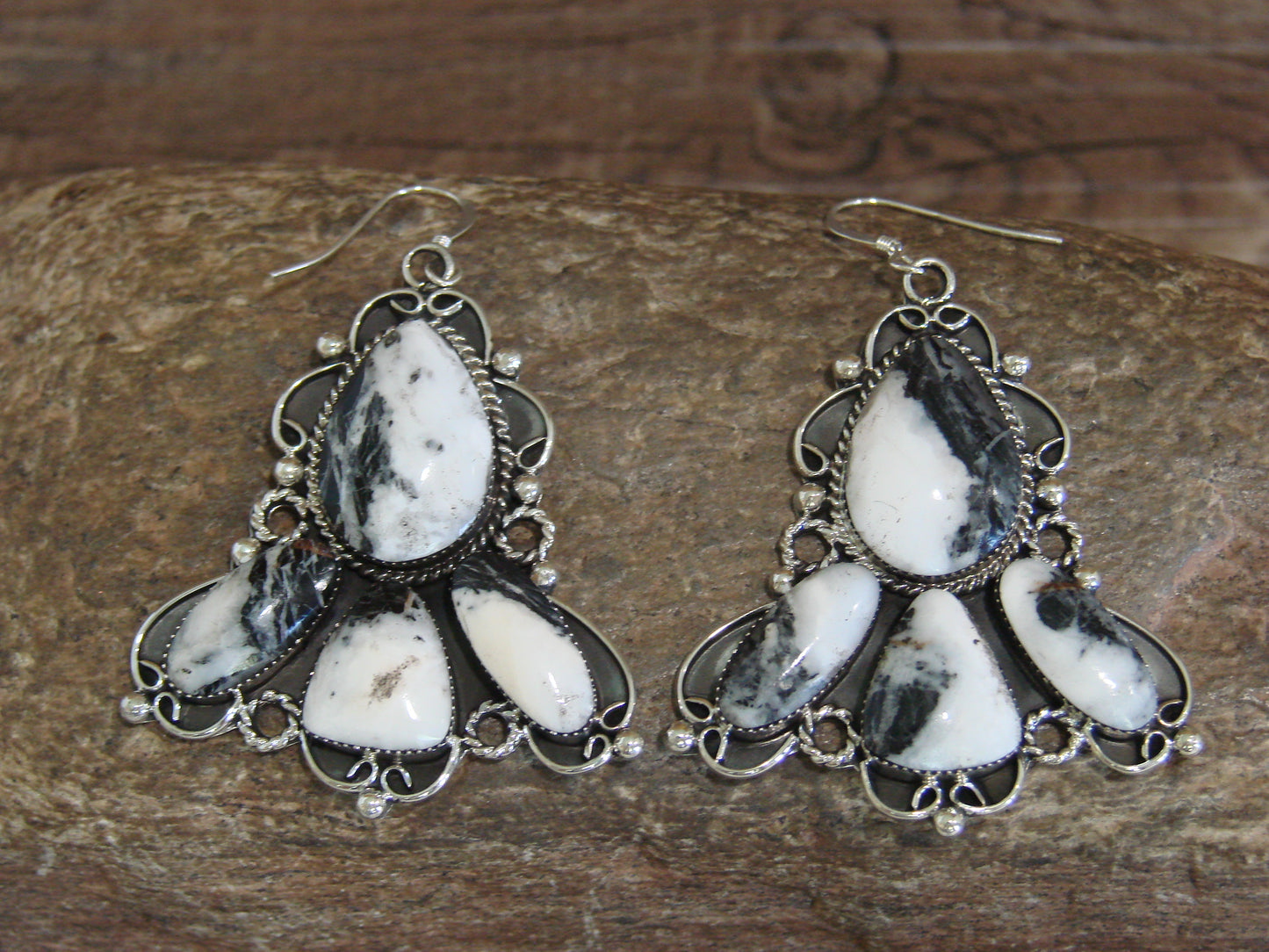 Native American Sterling Silver & White Buffalo Turquoise Dangle Earrings - Platero