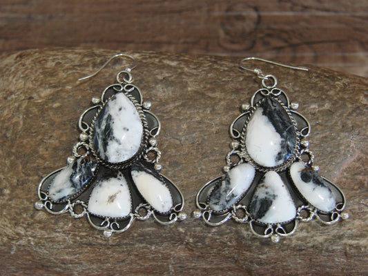 Native American Sterling Silver & White Buffalo Turquoise Dangle Earrings - Platero