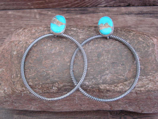 Native American Sterling Silver & Turquoise Hoop Post Earrings - Betone