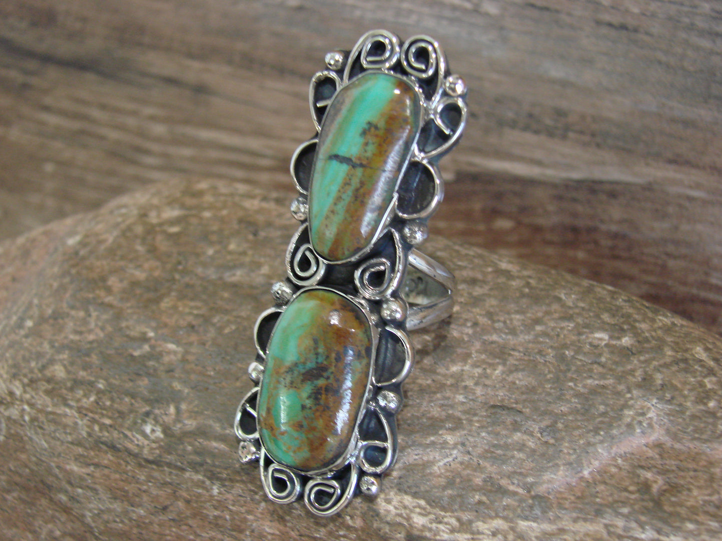 Native American Nickel Silver & Turquoise Ring by Cleveland - Size 10.5