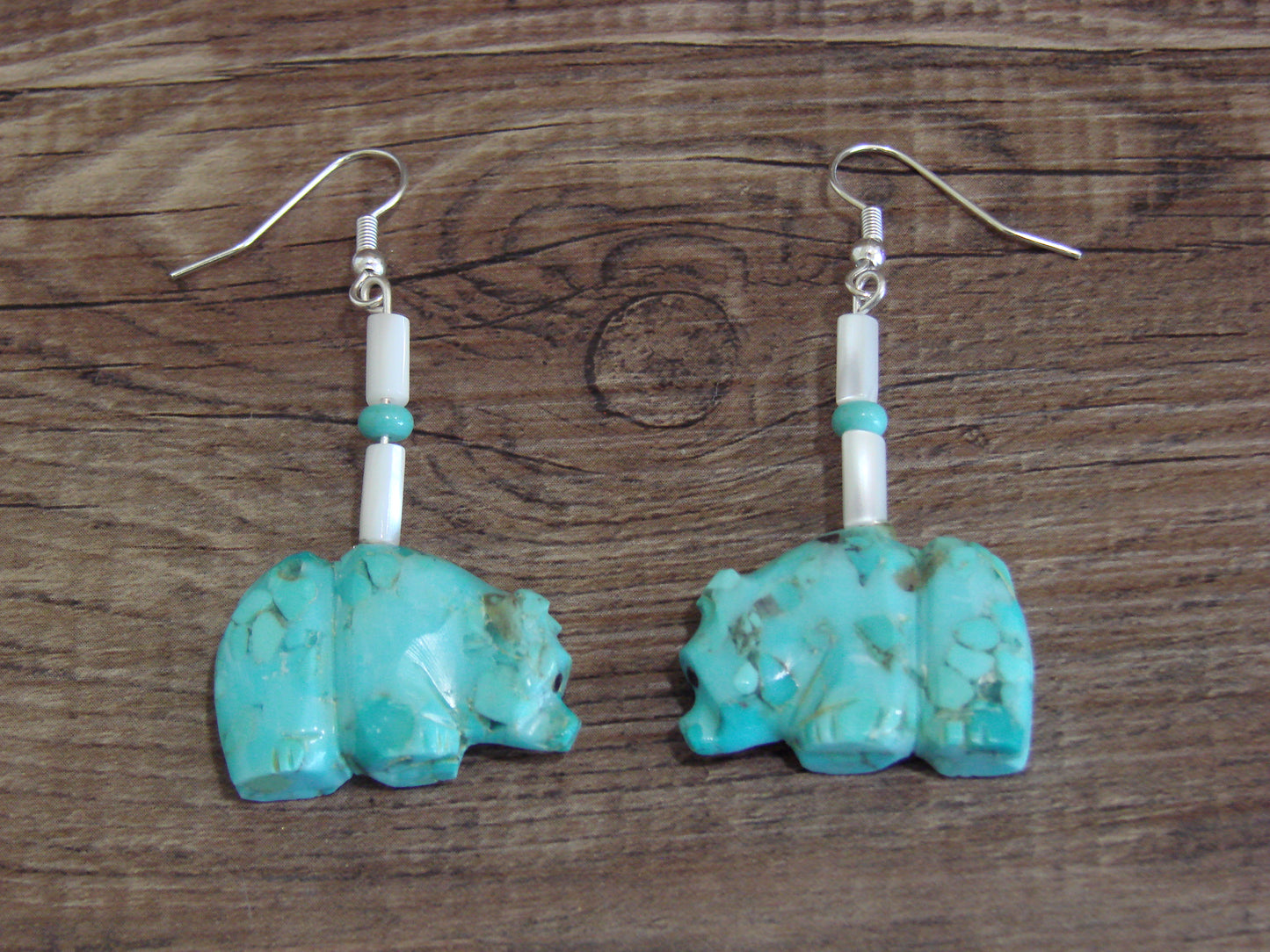Native American Hand Carved Bear Fetish Dangle Earrings - Laate