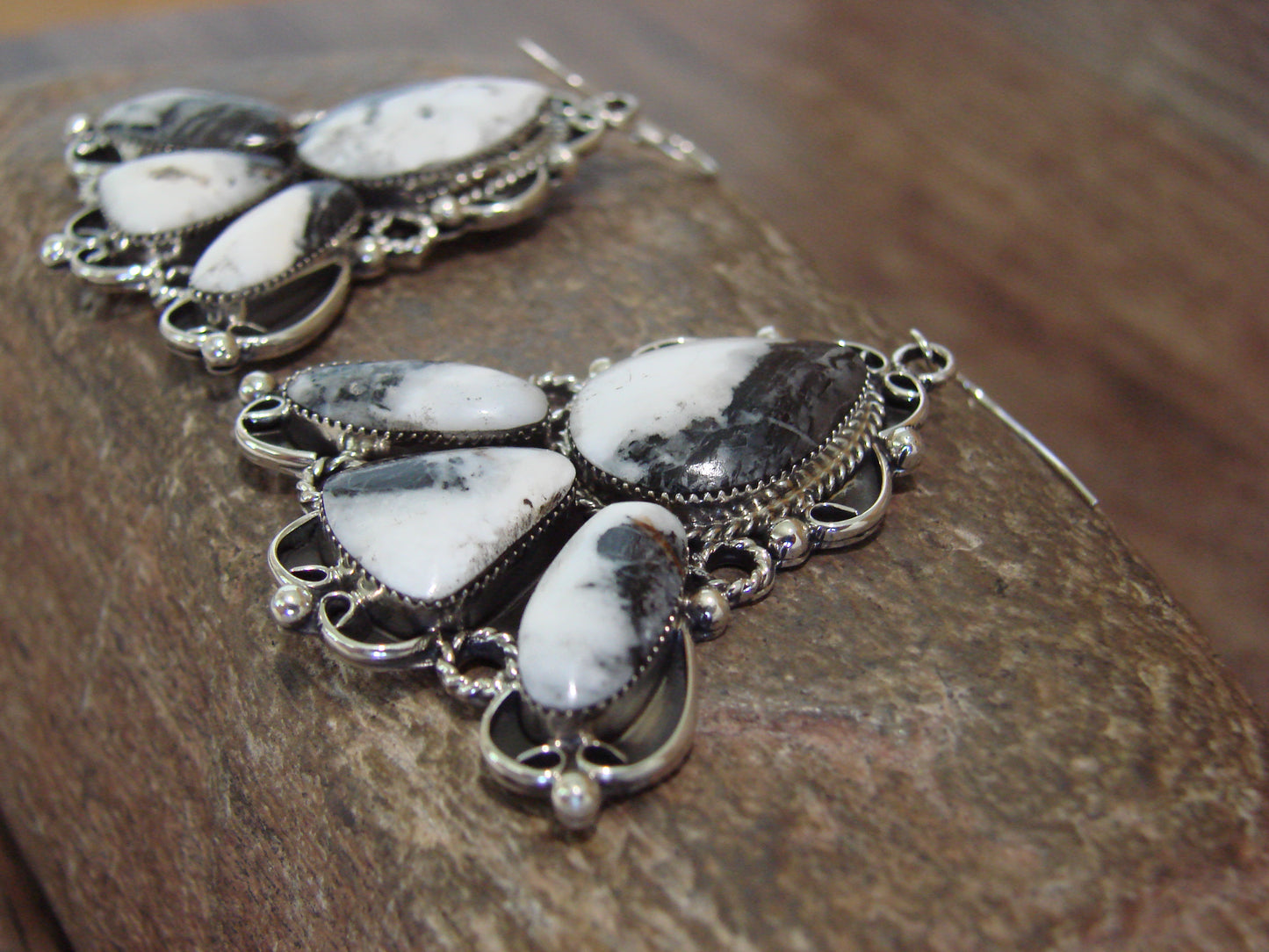 Native American Sterling Silver & White Buffalo Turquoise Dangle Earrings - Platero