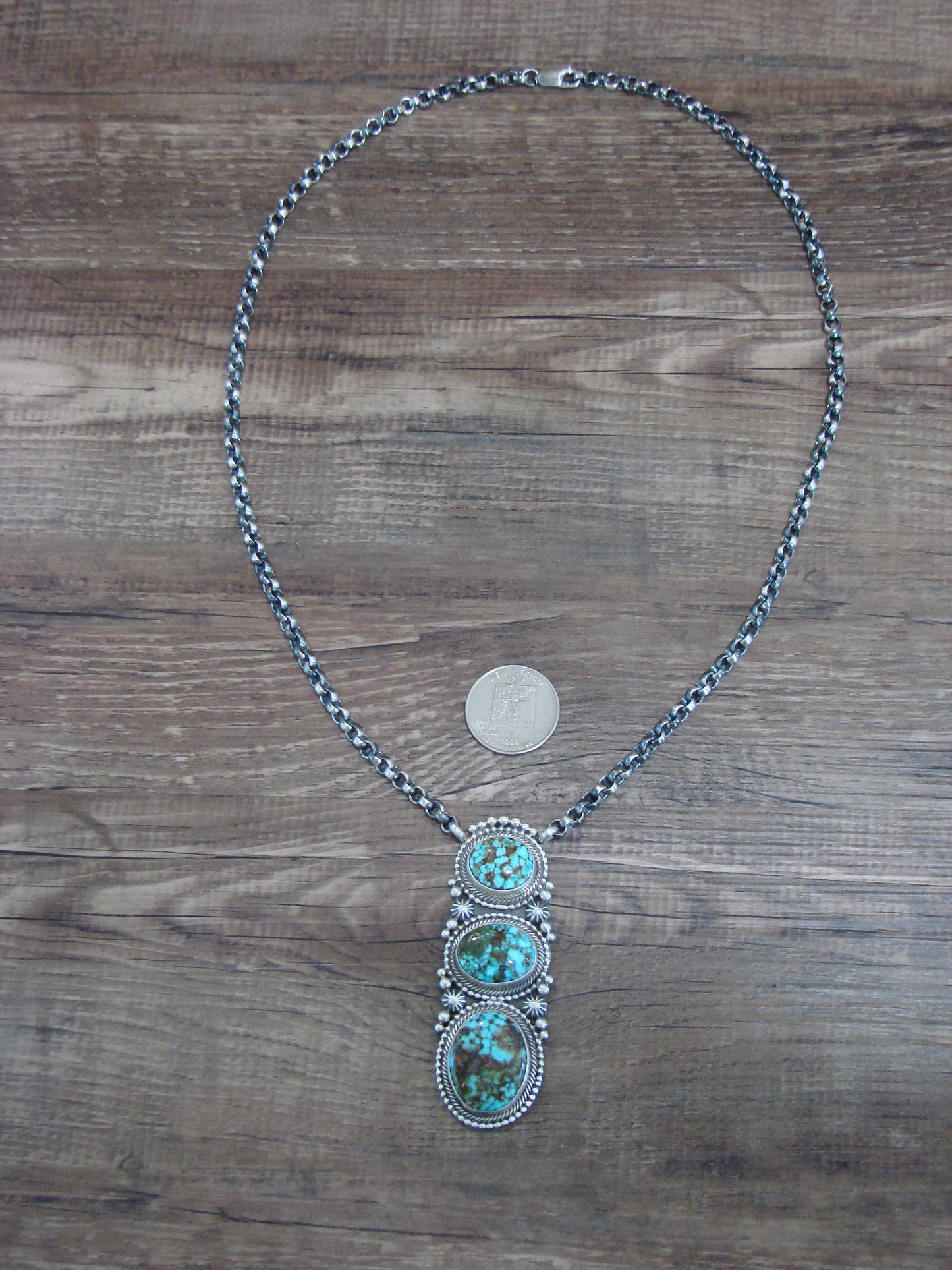 Native American 24" Sterling Silver & Kingman Turquoise Link Necklace - Lewis