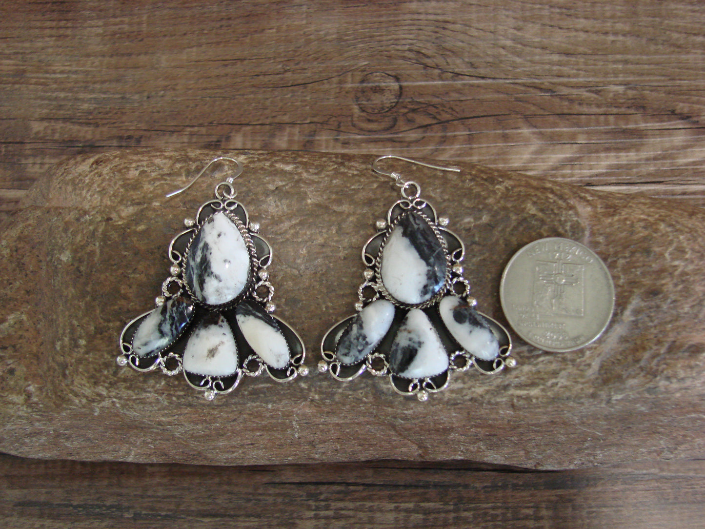 Native American Sterling Silver & White Buffalo Turquoise Dangle Earrings - Platero