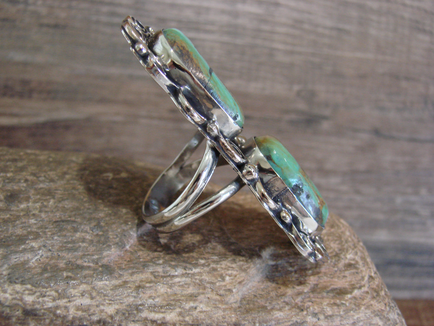 Native American Nickel Silver & Turquoise Ring by Cleveland - Size 10.5