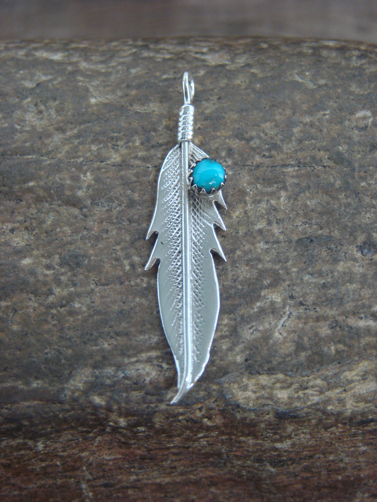 Native American Sterling Silver Turquoise Feather Pendant - Joe