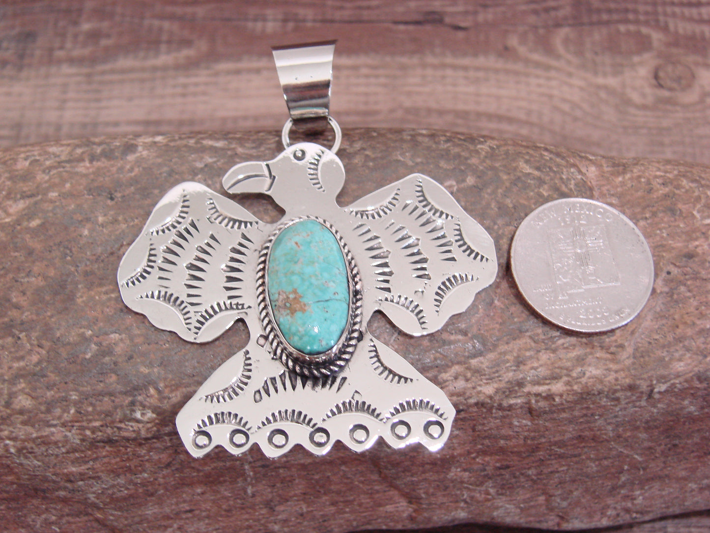 Native American Nickel Silver & Turquoise Thunderbird Pendant - Cleveland