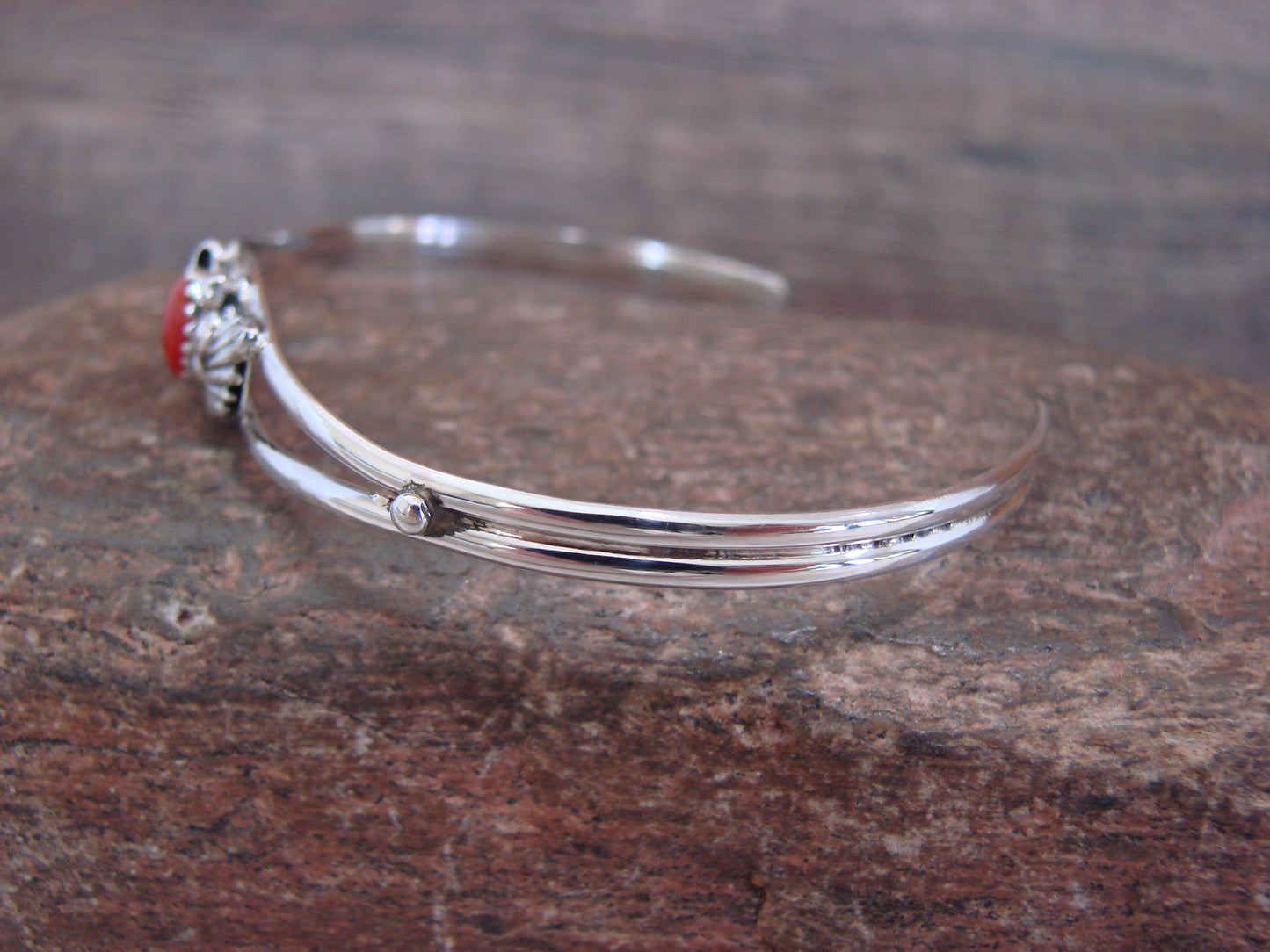 Native American Sterling Silver Coral Feather Bracelet by Largo