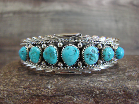 Native American Sterling Silver & Turquoise Row Bracelet by White Goat
