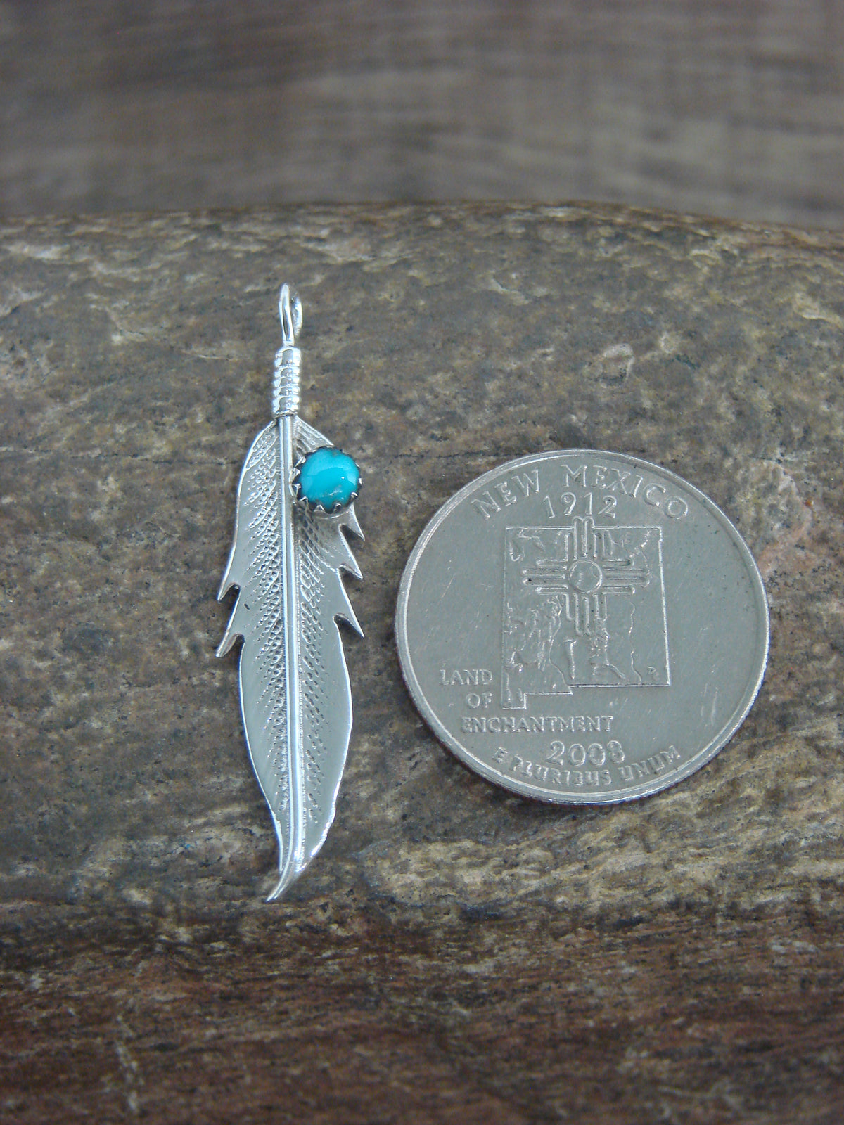 Native American Sterling Silver Turquoise Feather Pendant - Joe