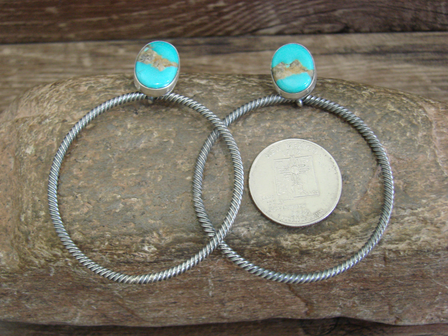 Native American Sterling Silver & Turquoise Hoop Post Earrings - Betone