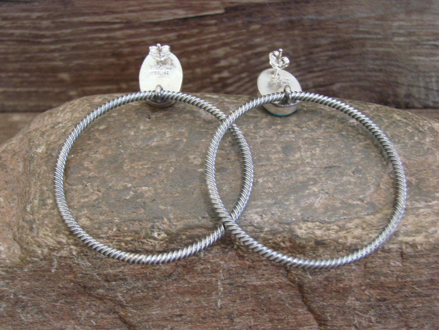 Native American Sterling Silver & Turquoise Hoop Post Earrings - Betone