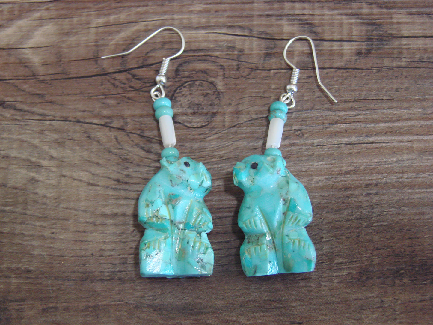Native American Hand Carved Bear Fetish Dangle Earrings - Laate