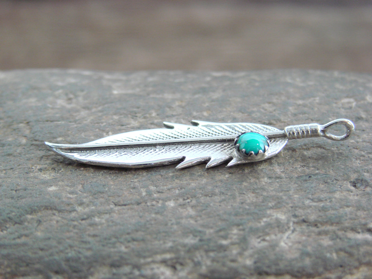 Native American Sterling Silver Turquoise Feather Pendant - Joe