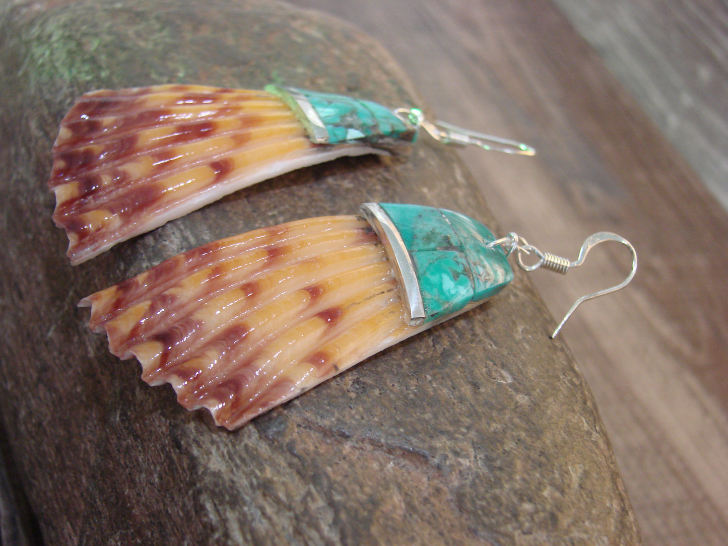 Native American Turquoise Inlay Shell Dangle Earrings - Aguilar