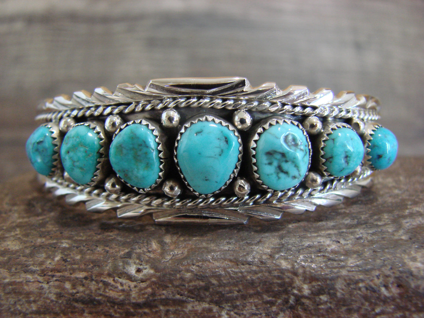 Native American Sterling Silver & Turquoise Row Bracelet by White Goat