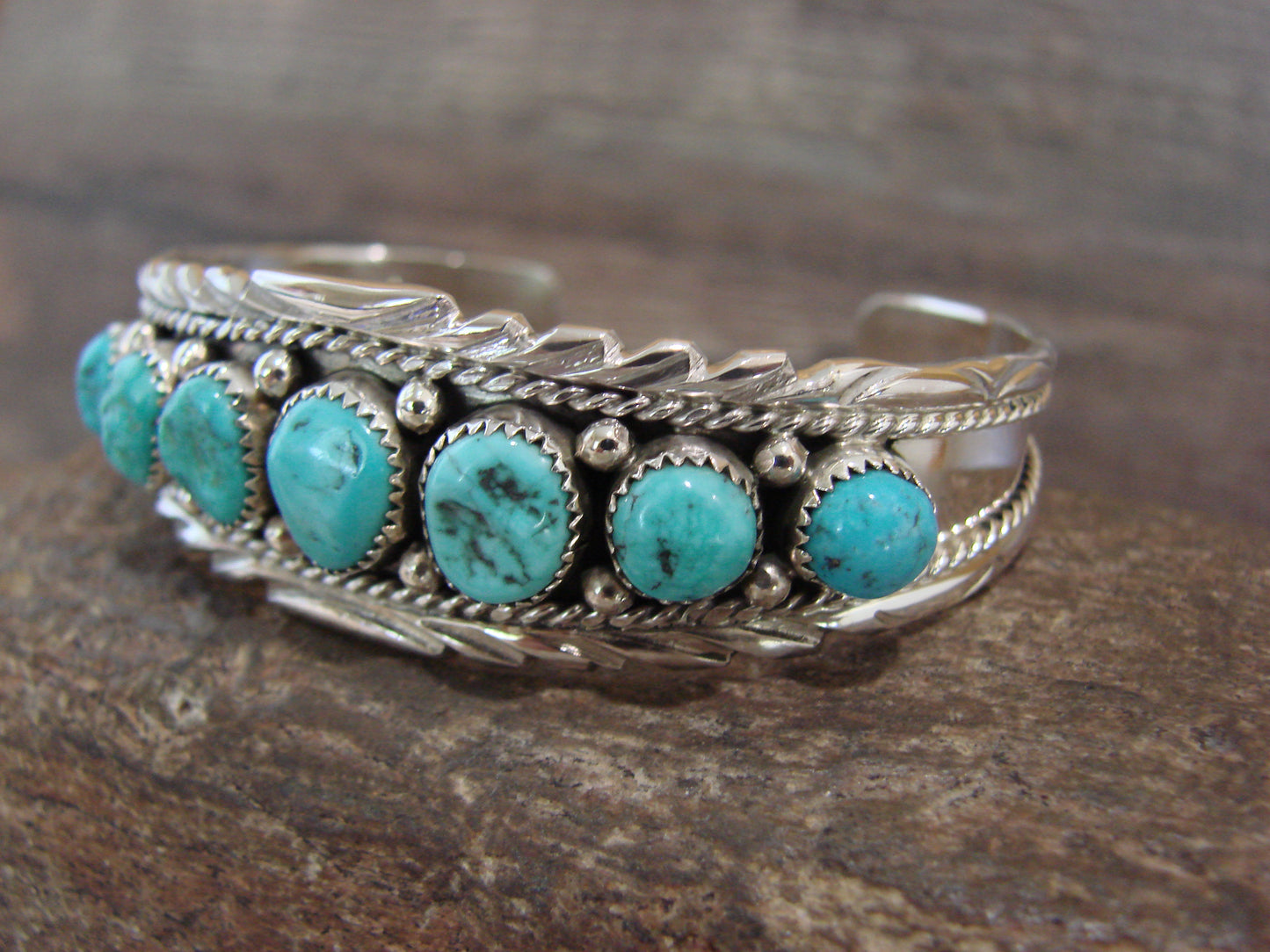 Native American Sterling Silver & Turquoise Row Bracelet by White Goat
