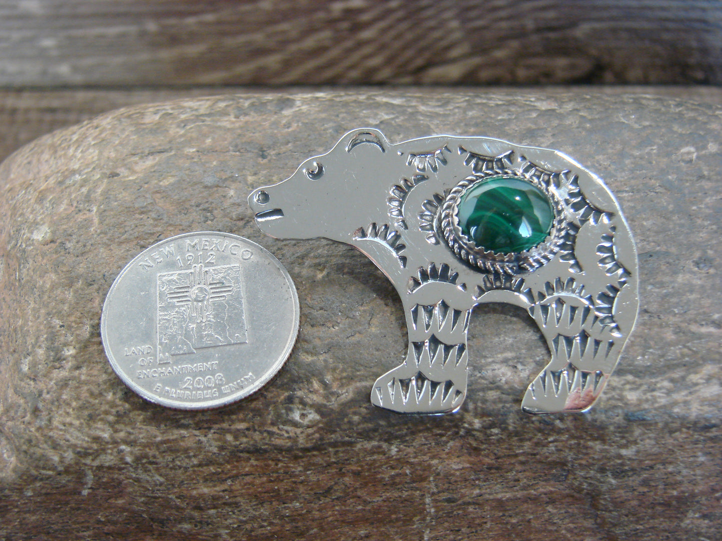 Native American Nickel Silver & Gaspeite Bear Pendant - Cleveland