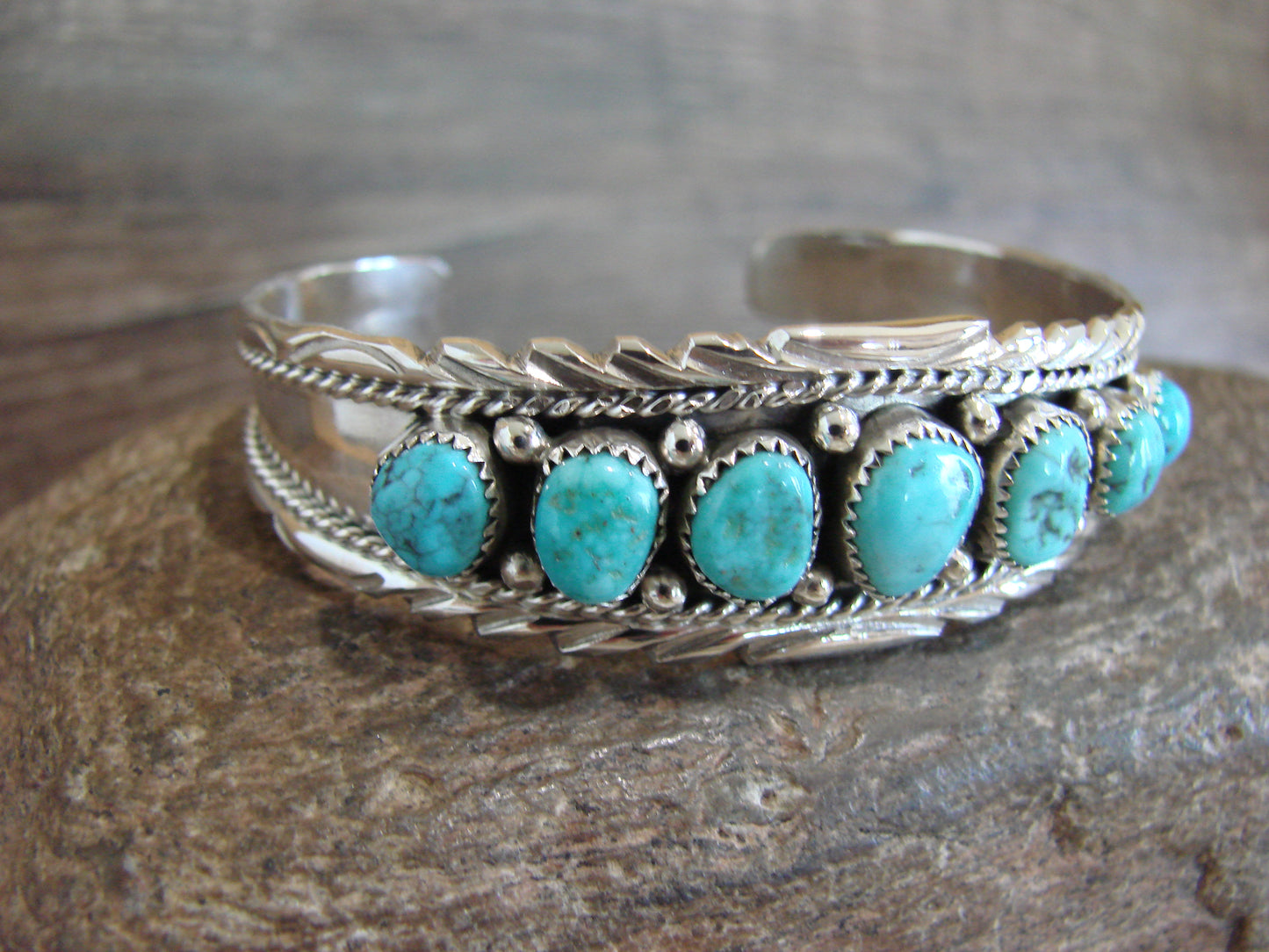 Native American Sterling Silver & Turquoise Row Bracelet by White Goat