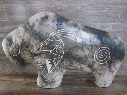 Native American Pottery Horse Hair Buffalo Sculpture by Yellow Corn