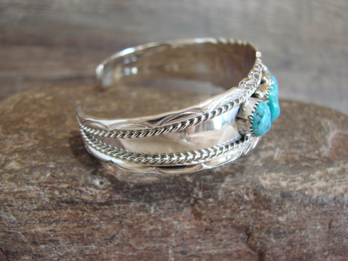 Native American Sterling Silver & Turquoise Row Bracelet by White Goat