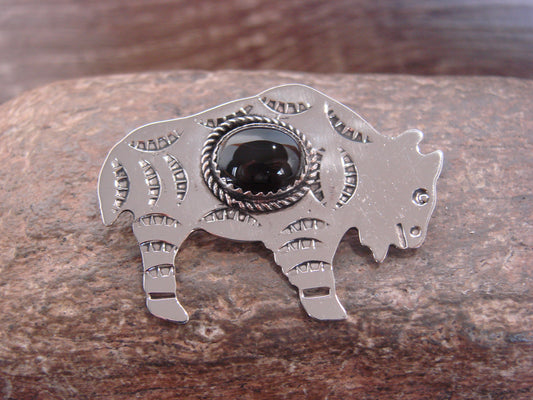 Native American Nickel Silver & Onyx Buffalo Pendant - Cleveland