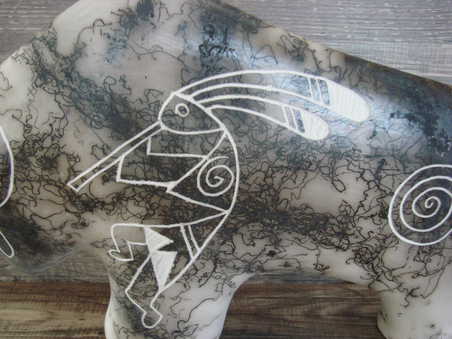 Native American Pottery Horse Hair Buffalo Sculpture by Yellow Corn