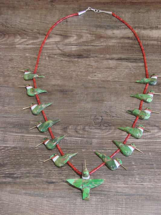 Hand Carved Bronze Gaspeite Aggregate  Hummingbird Fetish Necklace - Mitchell