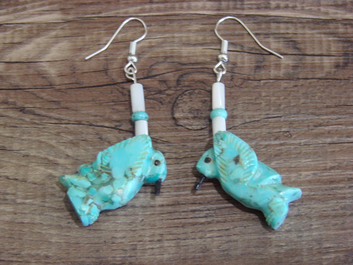 Native American Hand Carved Hummingbird Fetish Dangle Earrings - Laate