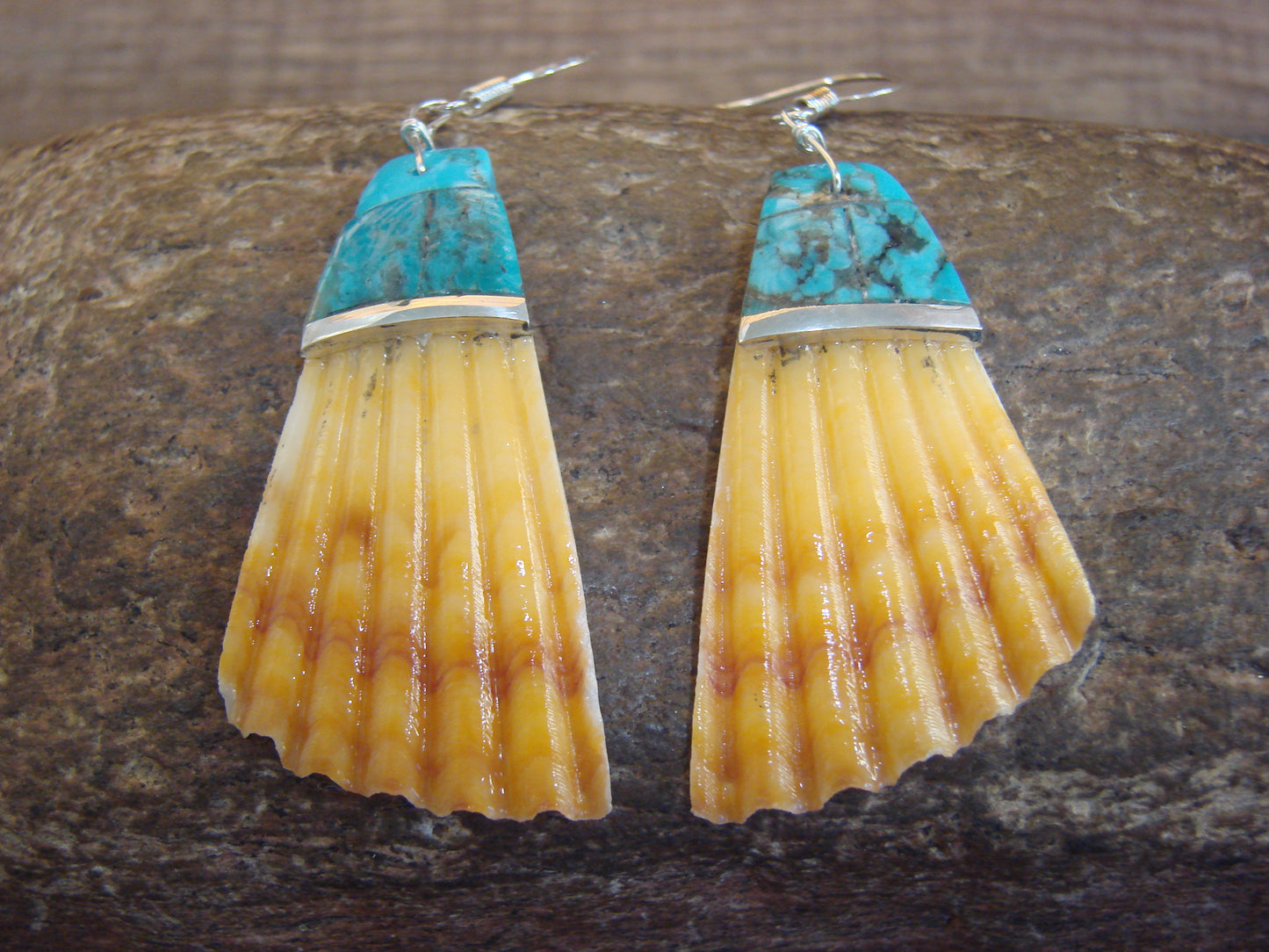 Native American Turquoise Inlay Shell Dangle Earrings - Aguilar