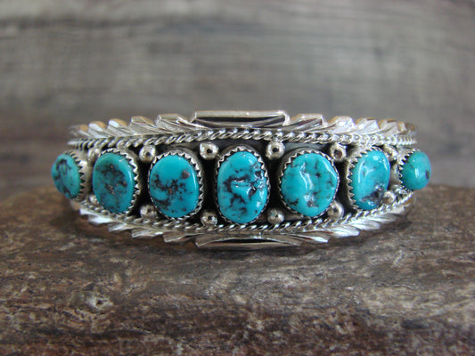 Native American Sterling Silver & Turquoise Row Bracelet by White Goat