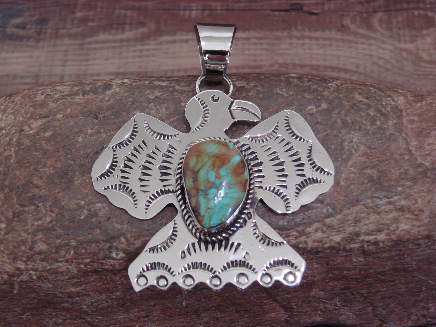 Native American Nickel Silver & Turquoise Thunderbird Pendant - Cleveland