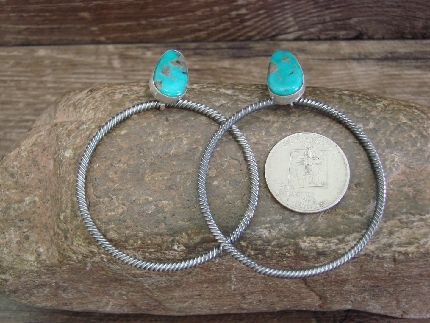 Native American Sterling Silver & Turquoise Hoop Post Earrings - Betone