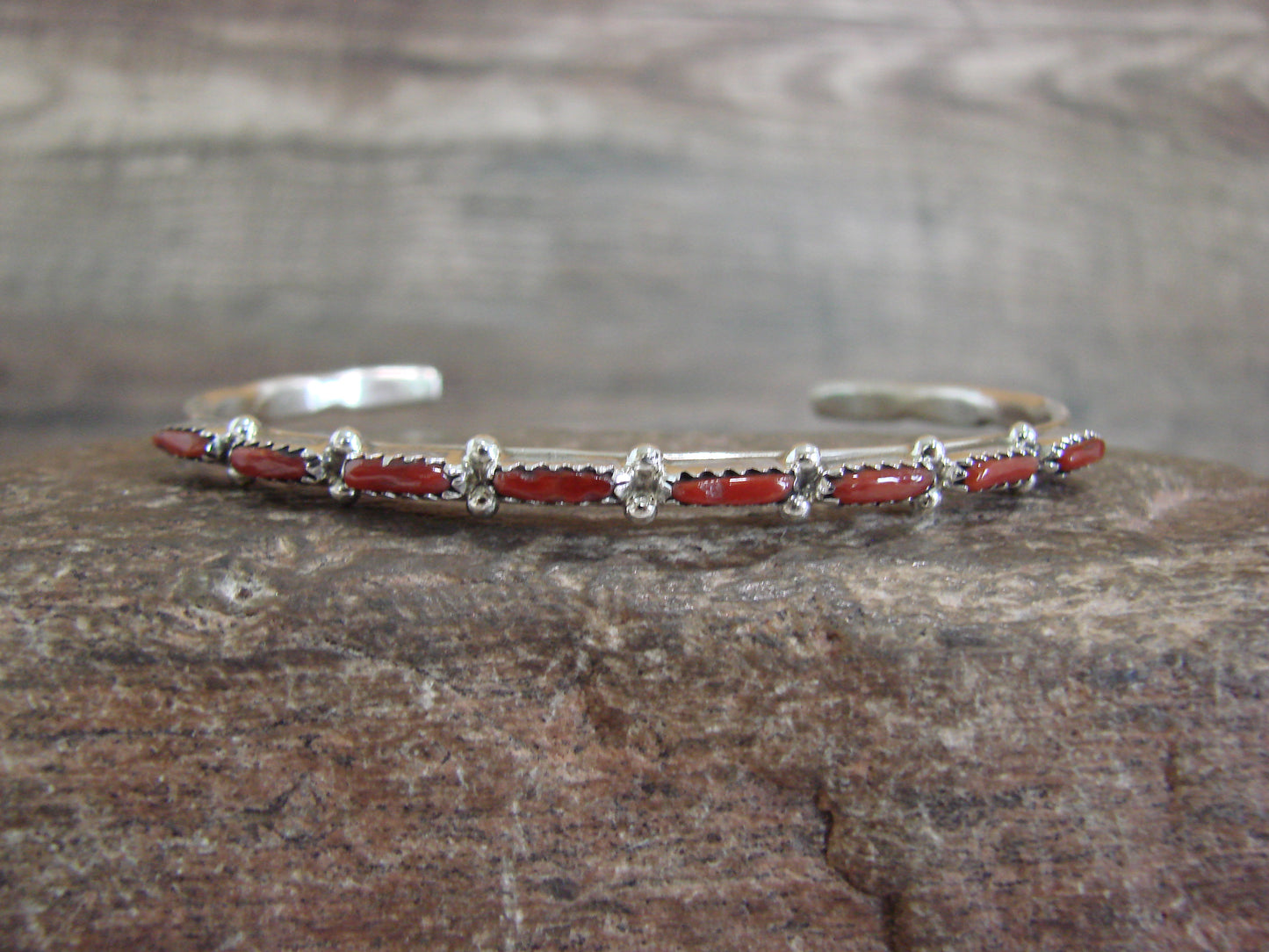 Native American Indian Sterling Silver & Coral Row Bracelet Signed Hannaweeka