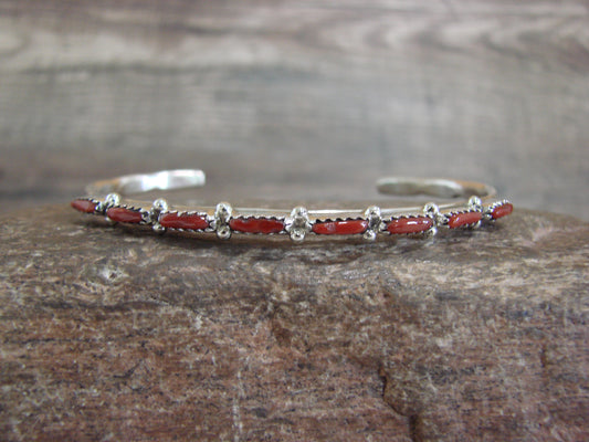 Native American Indian Sterling Silver & Coral Row Bracelet Signed Hannaweeka