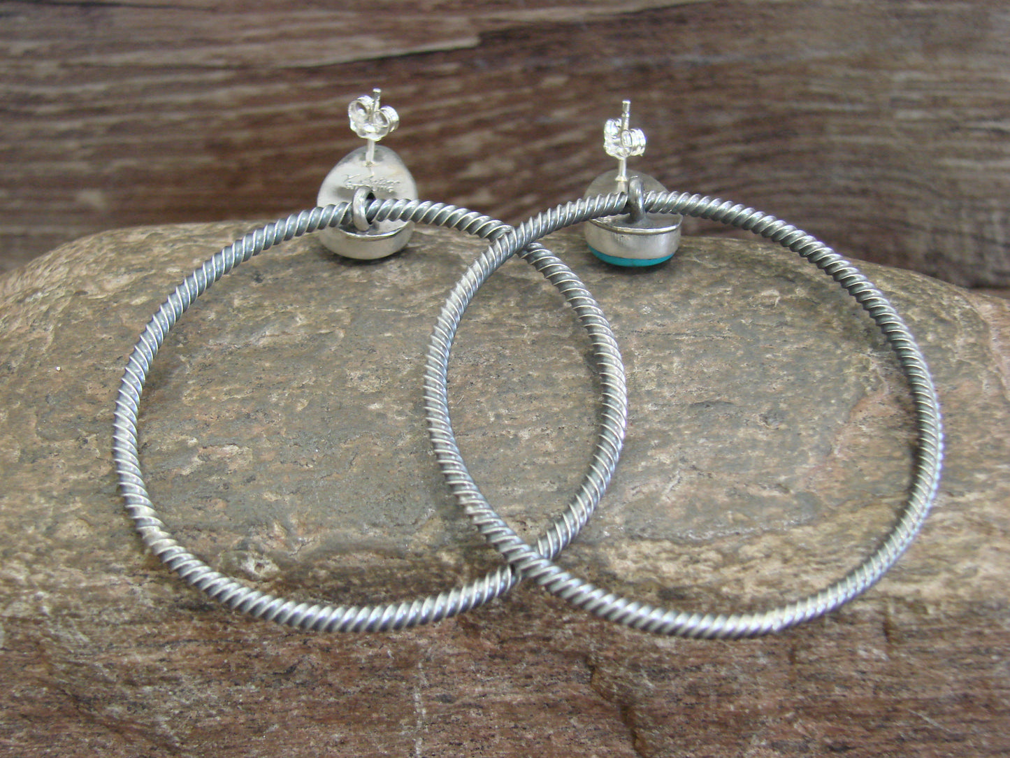 Native American Sterling Silver & Turquoise Hoop Post Earrings - Betone