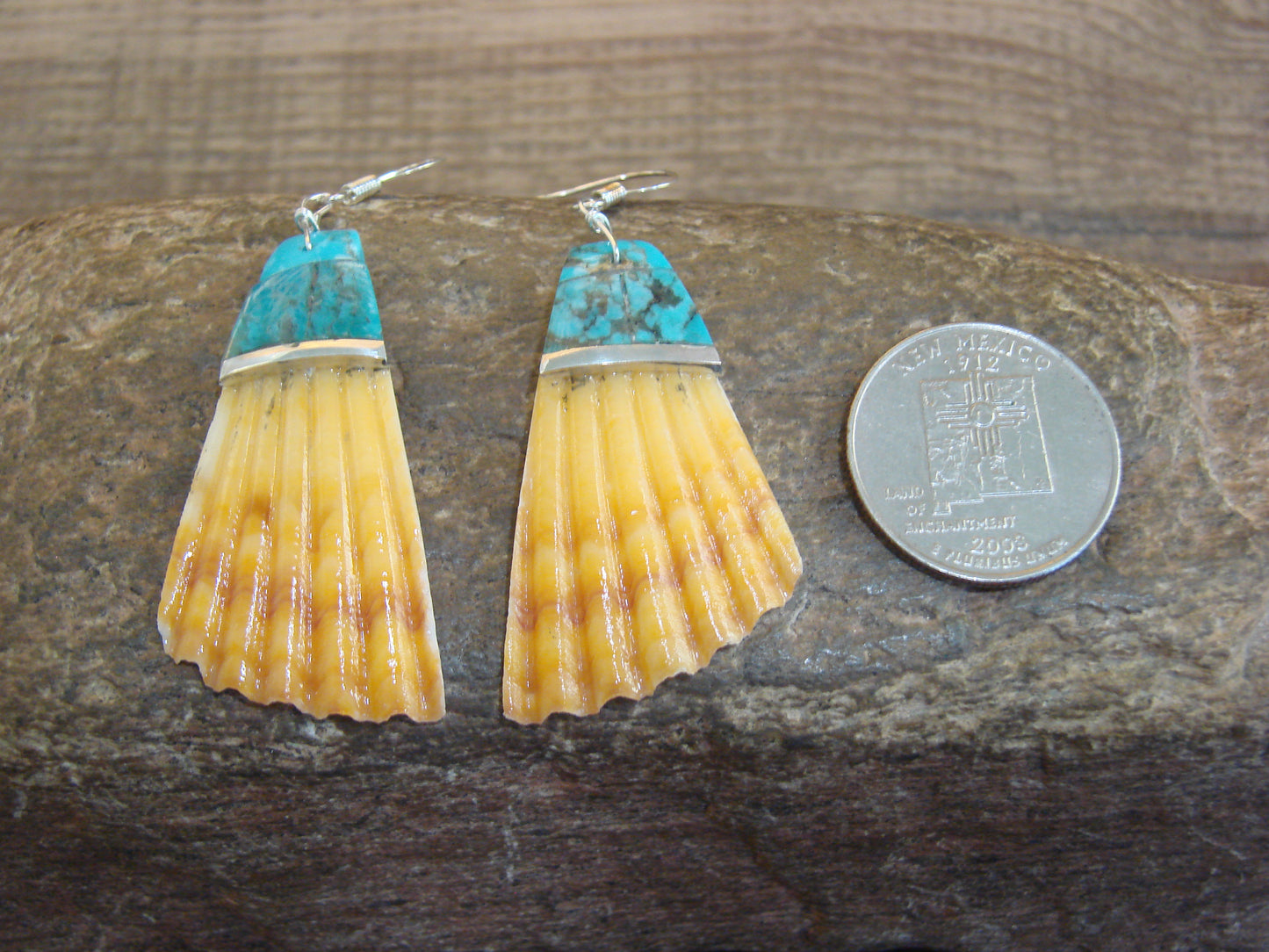 Native American Turquoise Inlay Shell Dangle Earrings - Aguilar