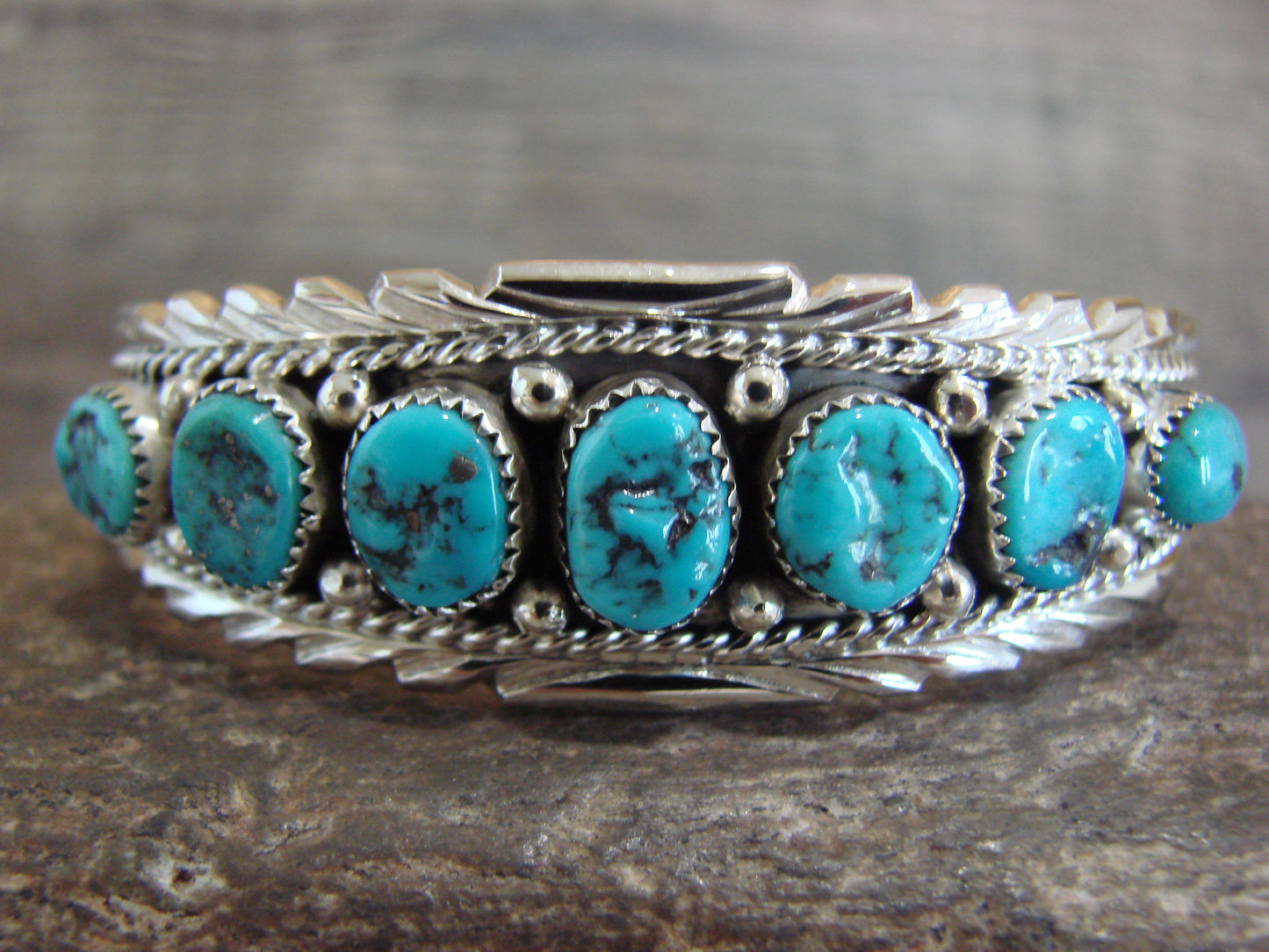 Native American Sterling Silver & Turquoise Row Bracelet by White Goat