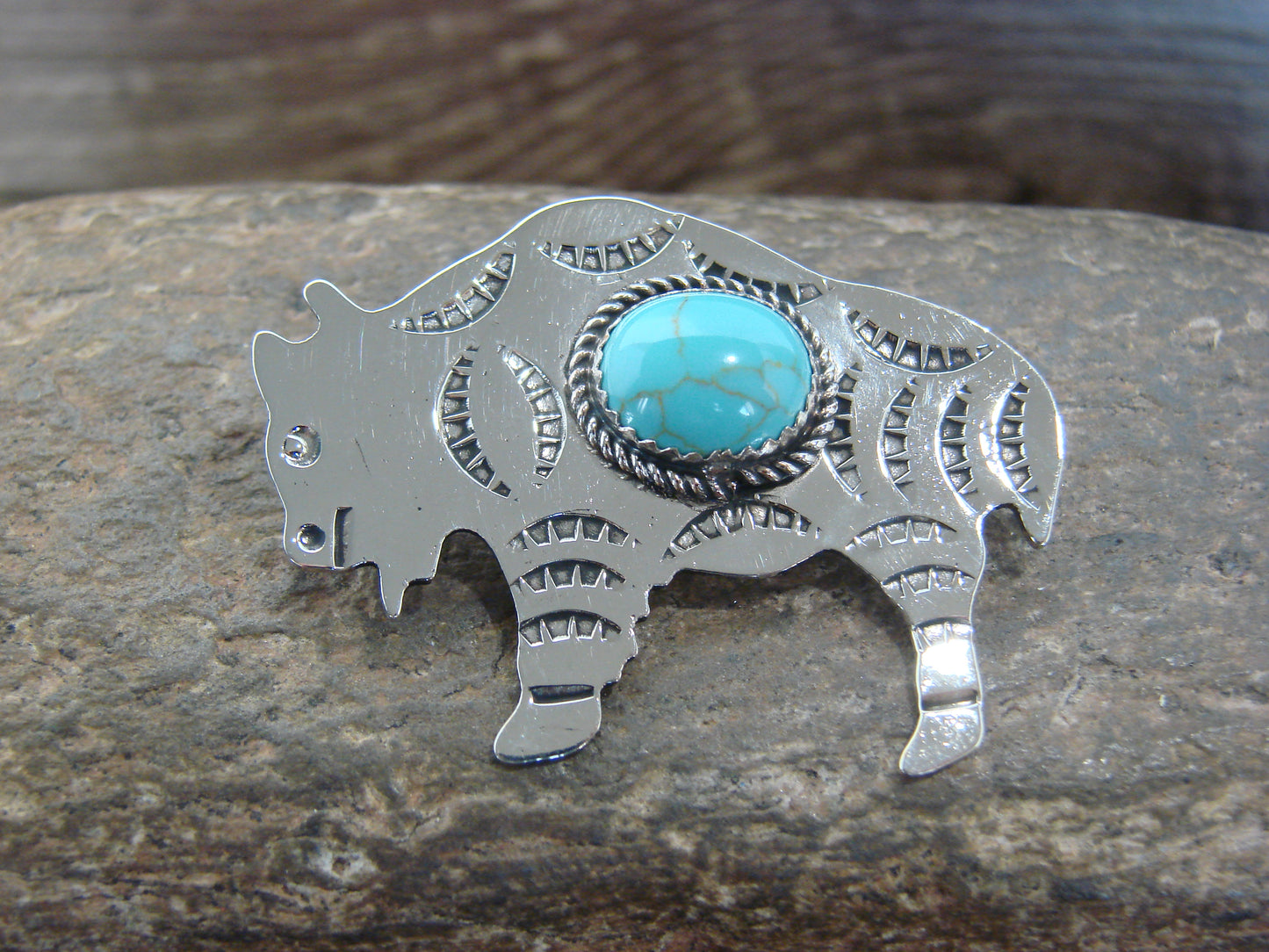 Native American Nickel Silver & Turquoise Buffalo Pendant - Cleveland