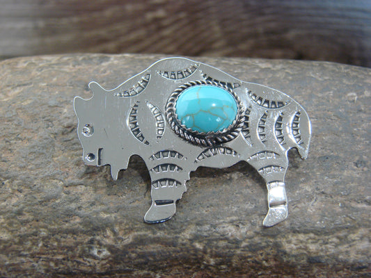 Native American Nickel Silver & Turquoise Buffalo Pendant - Cleveland