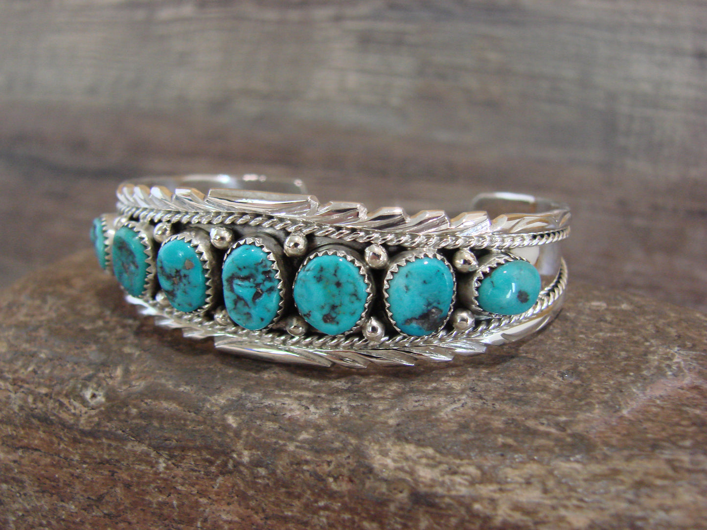 Native American Sterling Silver & Turquoise Row Bracelet by White Goat