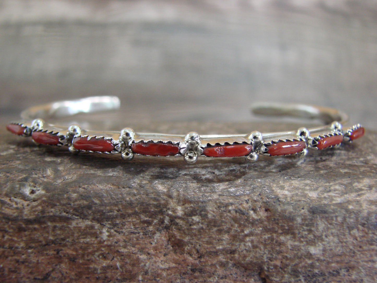 Native American Indian Sterling Silver & Coral Row Bracelet Signed Hannaweeka