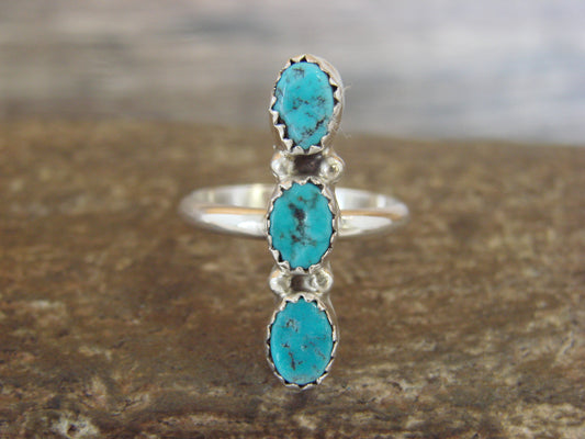 Native American Sterling Silver & Turquoise Row Ring by Yazzie - Size 6.5