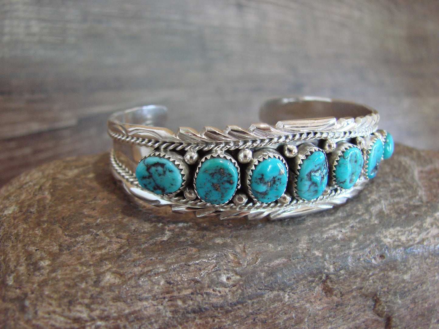 Native American Sterling Silver & Turquoise Row Bracelet by White Goat