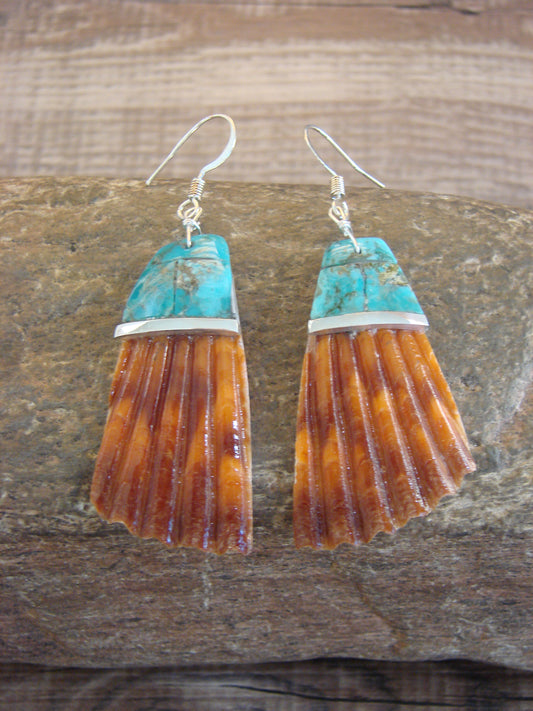 Native American Turquoise Inlay Shell Dangle Earrings - Aguilar