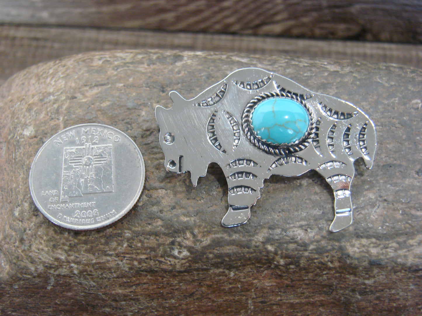 Native American Nickel Silver & Turquoise Buffalo Pendant - Cleveland