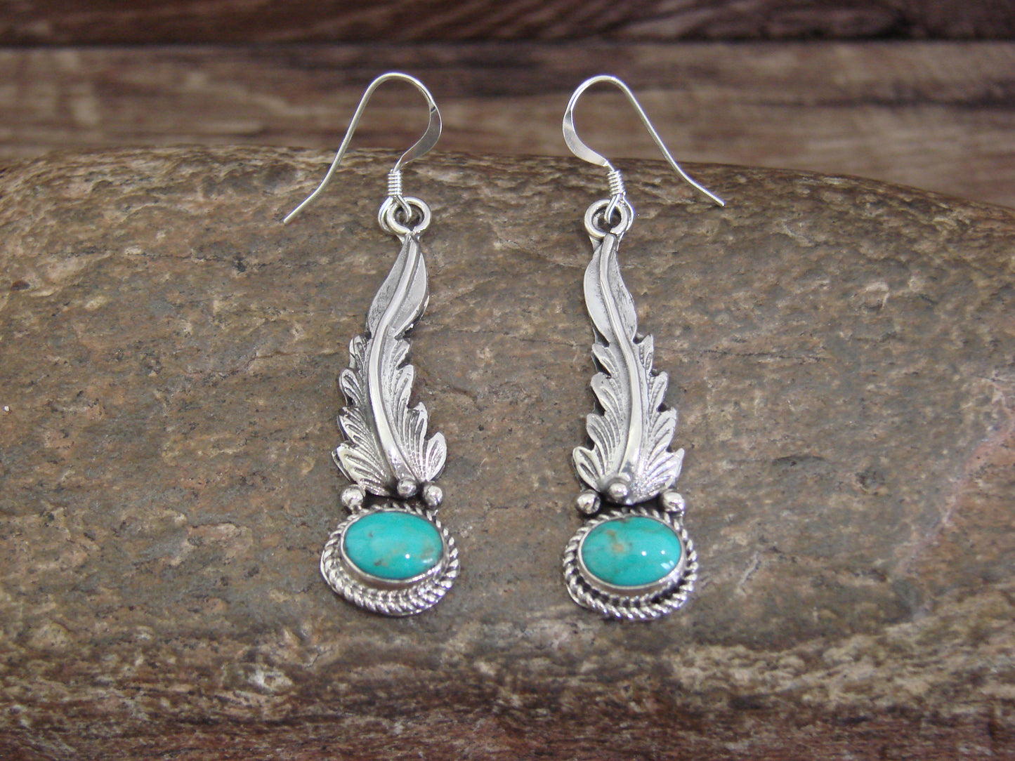 Native American Sterling Silver Turquoise Feather Dangle Earrings by Largo
