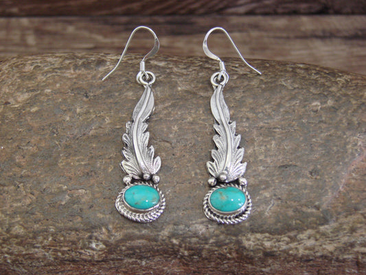 Native American Sterling Silver Turquoise Feather Dangle Earrings by Largo