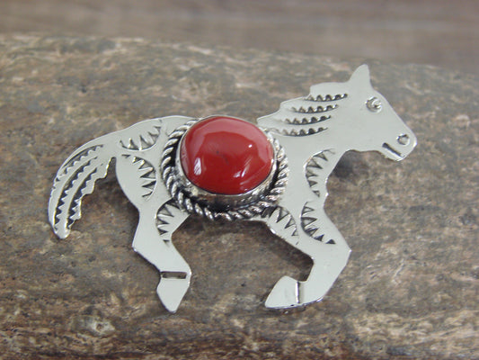 Native American Nickel Silver & Coral Horse Pin - Cleveland
