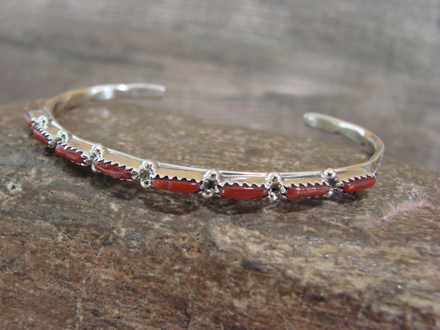 Native American Indian Sterling Silver & Coral Row Bracelet Signed Hannaweeka